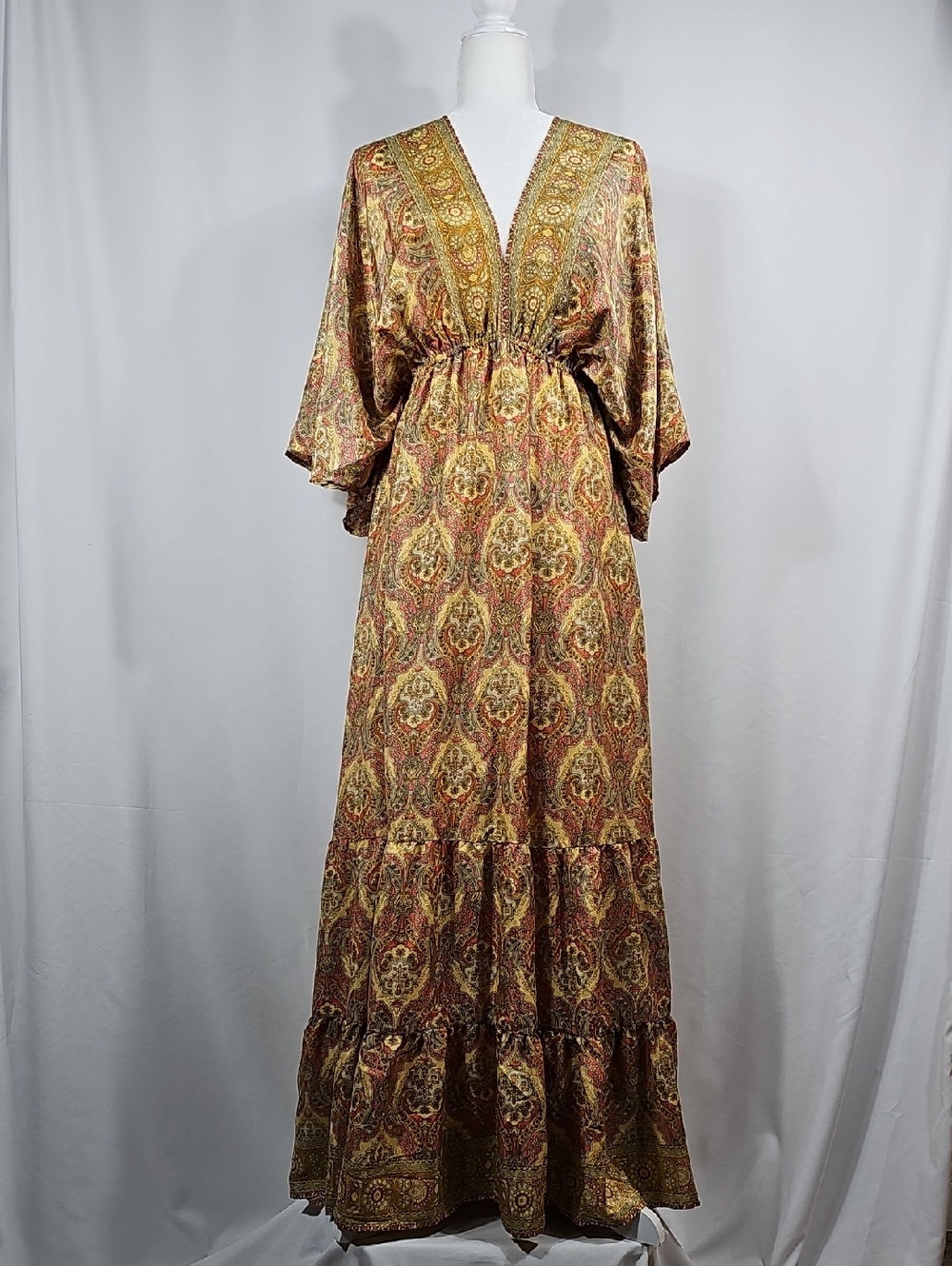 Zury Silk Blend Paisley Maxi Dress V-Neck Kaftan Tiered Boho Festival Free Size - Picture 2 of 11